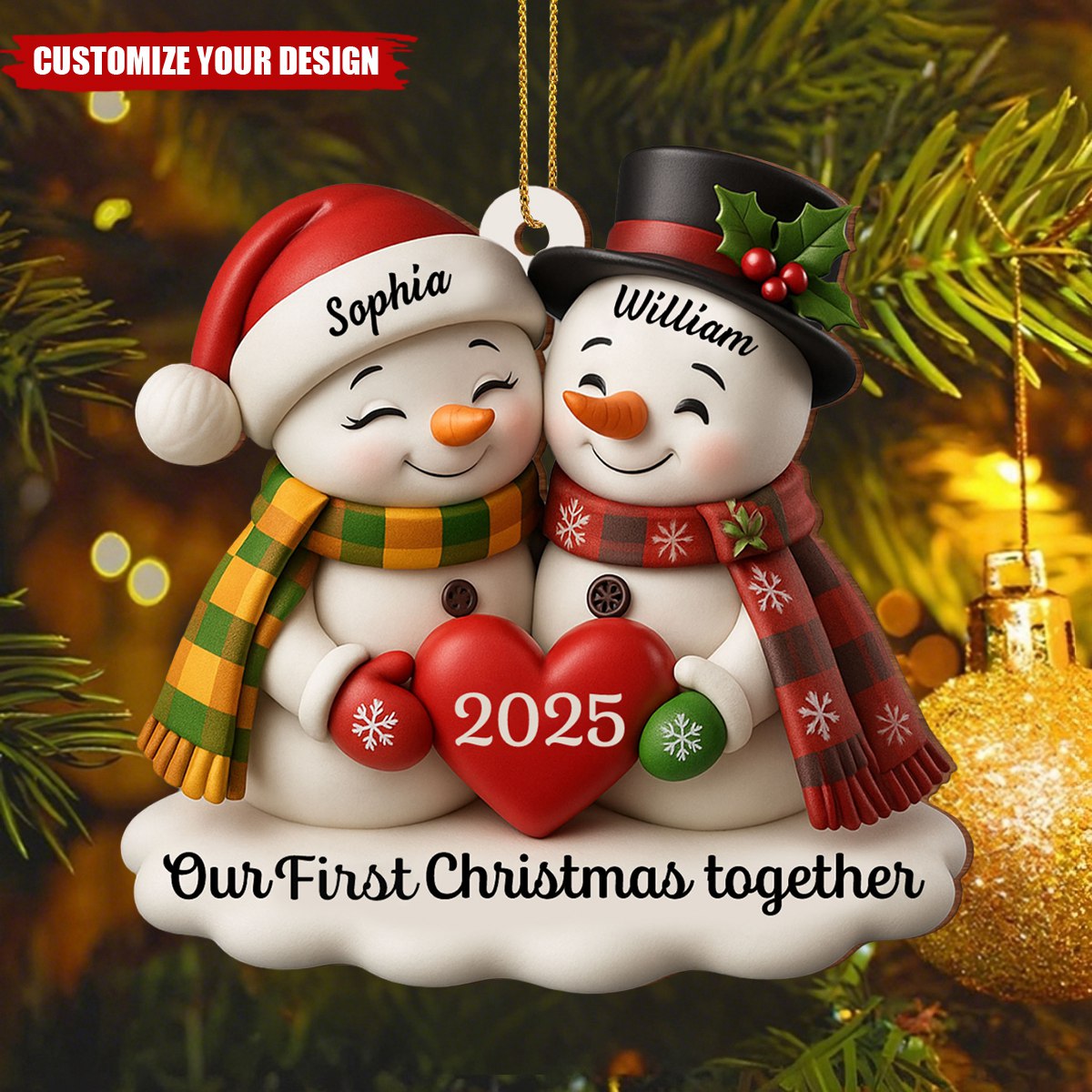 Our Christmas Together, Snowmen With Hearts and Holly, Personalized Wood Ornament