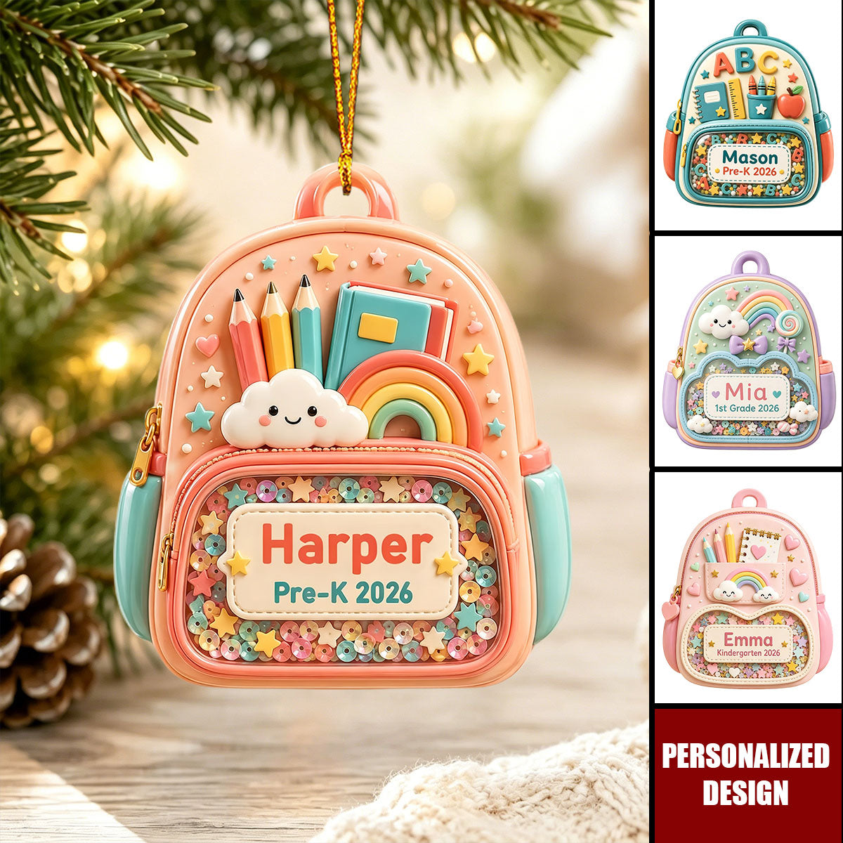 Personalized Kindergarten 2026 Ornament, Custom Backpack Christmas Gift