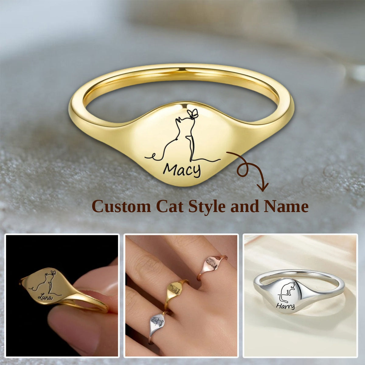 Personalized Cute Engraved Cat Silhouette Ring with Name Dainty Jewelry
