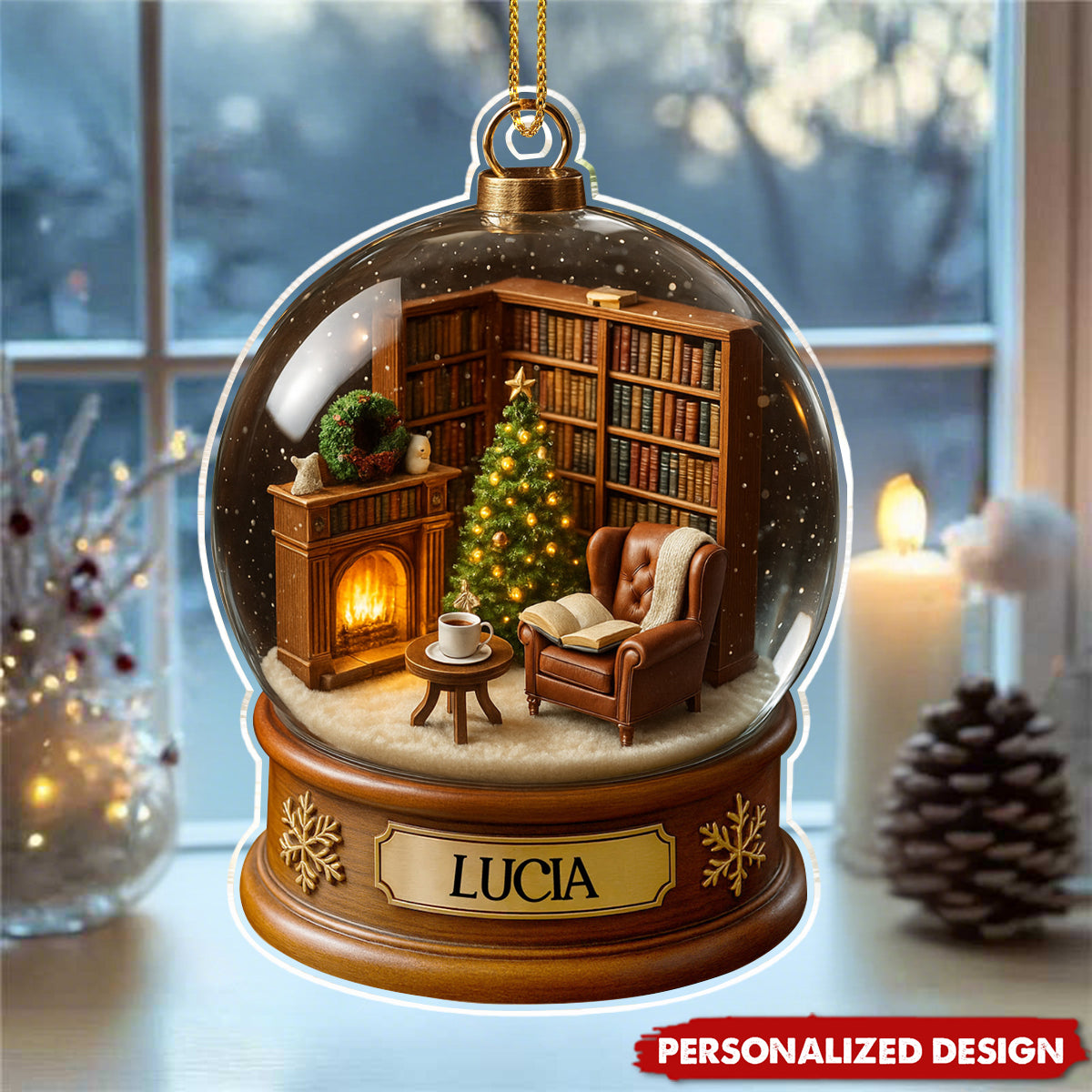 Create A Cozy Library Scene With Chair And Fireplace, Personalized Custom Acrylic Ornament