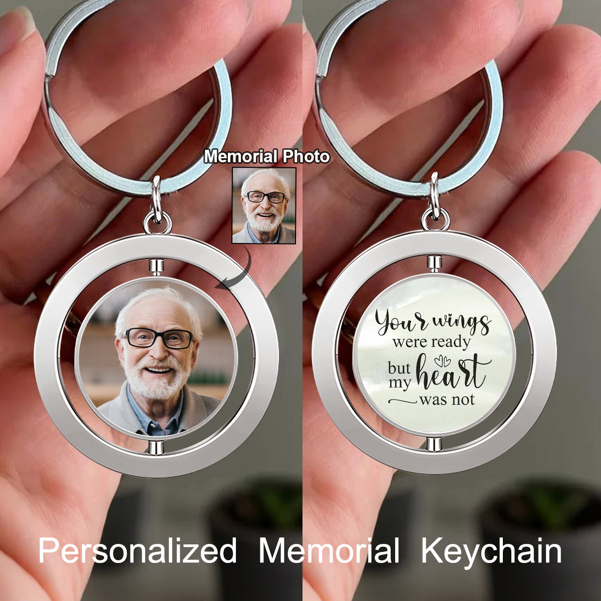 Personalized Double Sided Picture Keychain, Spinning Keyring Charm, Photo Memorial Keepsake