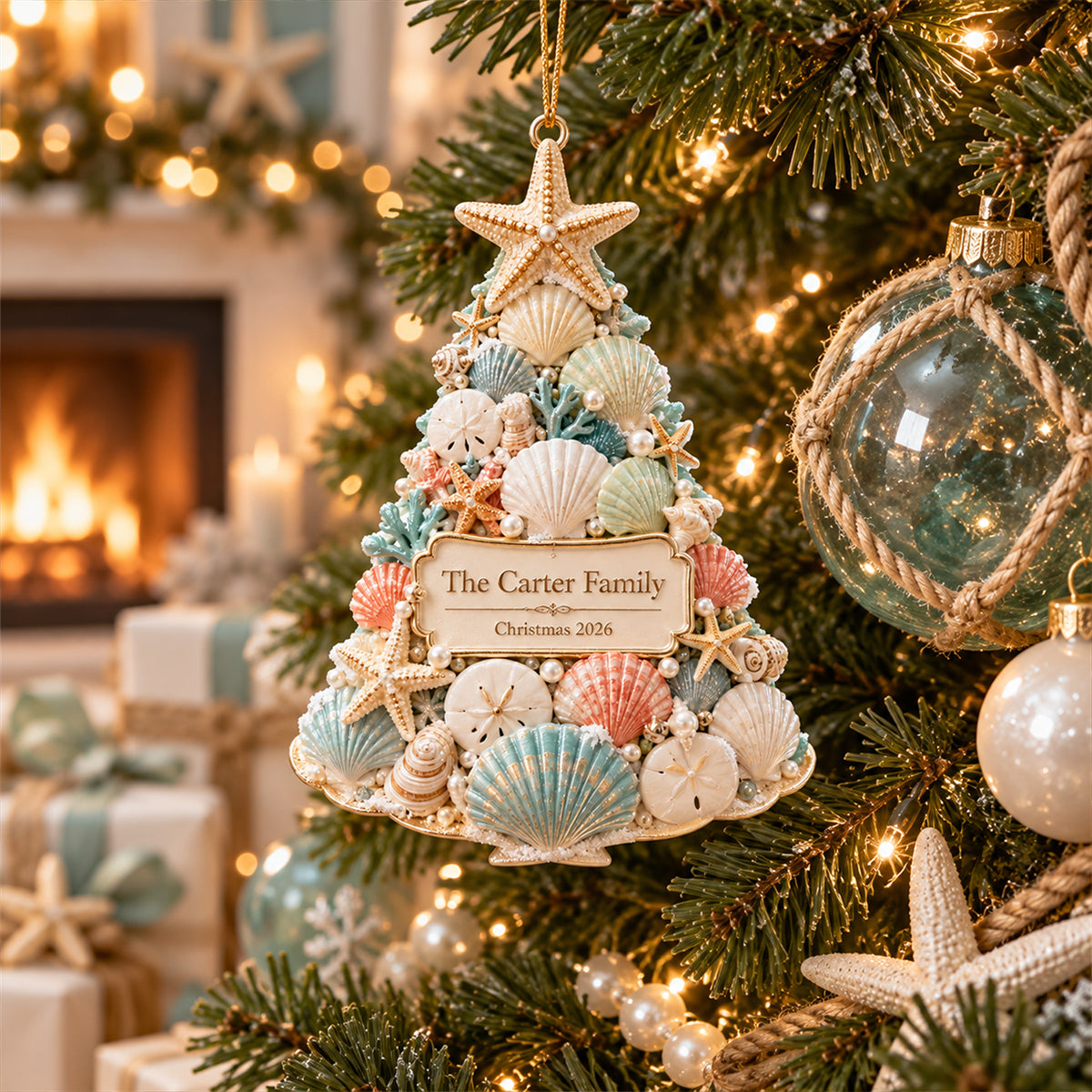 Personalized Seashell Christmas Tree Ornament, Beach Christmas Gift For Family