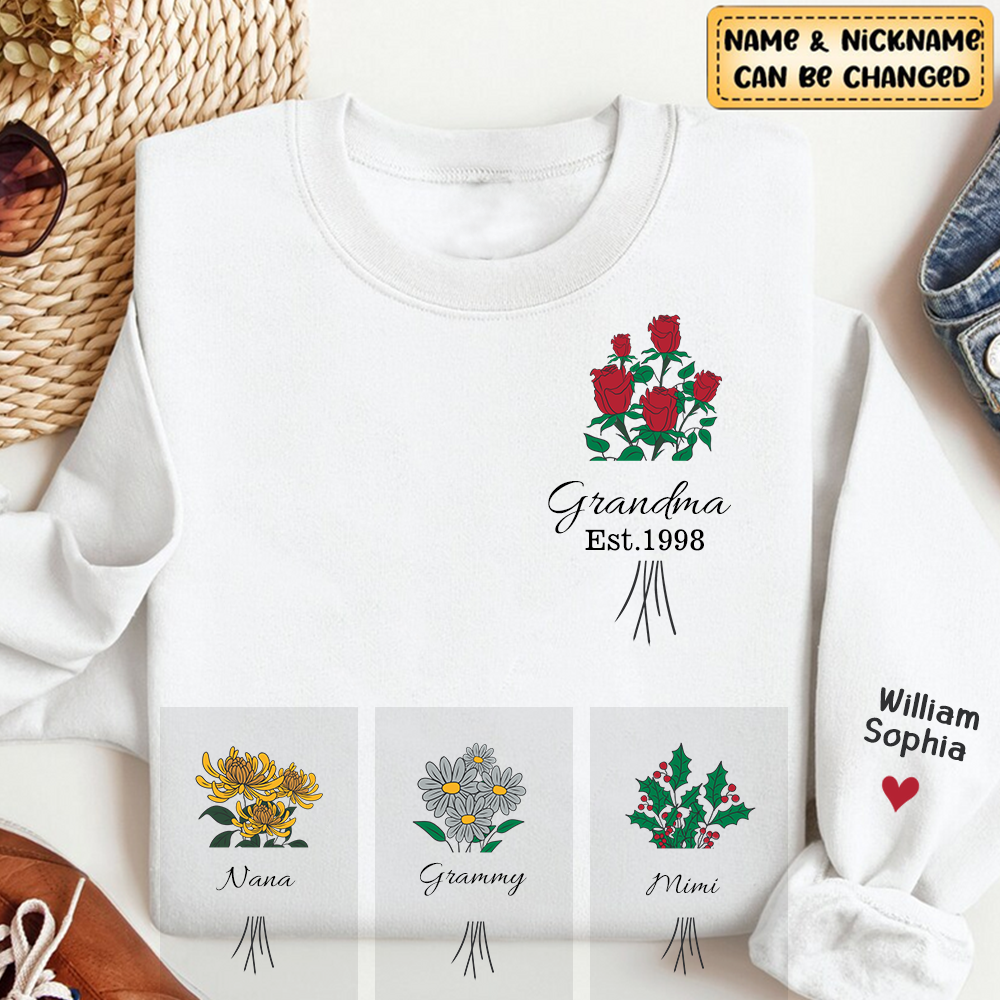 Grandma Birth Month Flowers - Personalized Embroidered Shirt