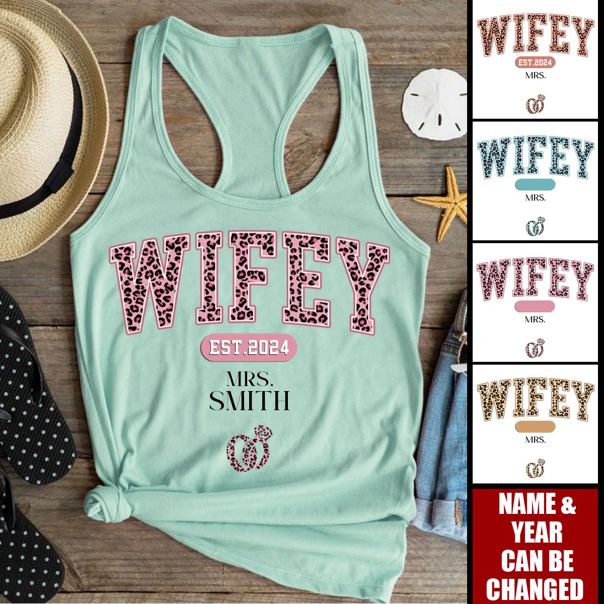 Gift for Her,Personalized Leopard Print Wifey Est Racer Back Tank Top