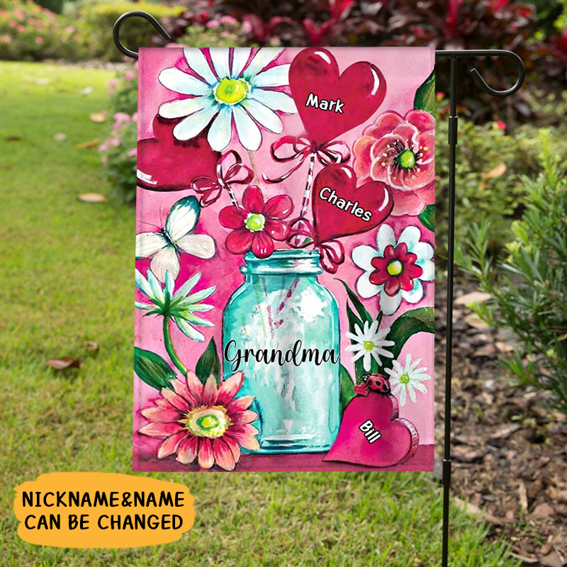 Personalized Heart Pink Bouquet Jar Decorative Garden Flags-Gift For Grandma Mom