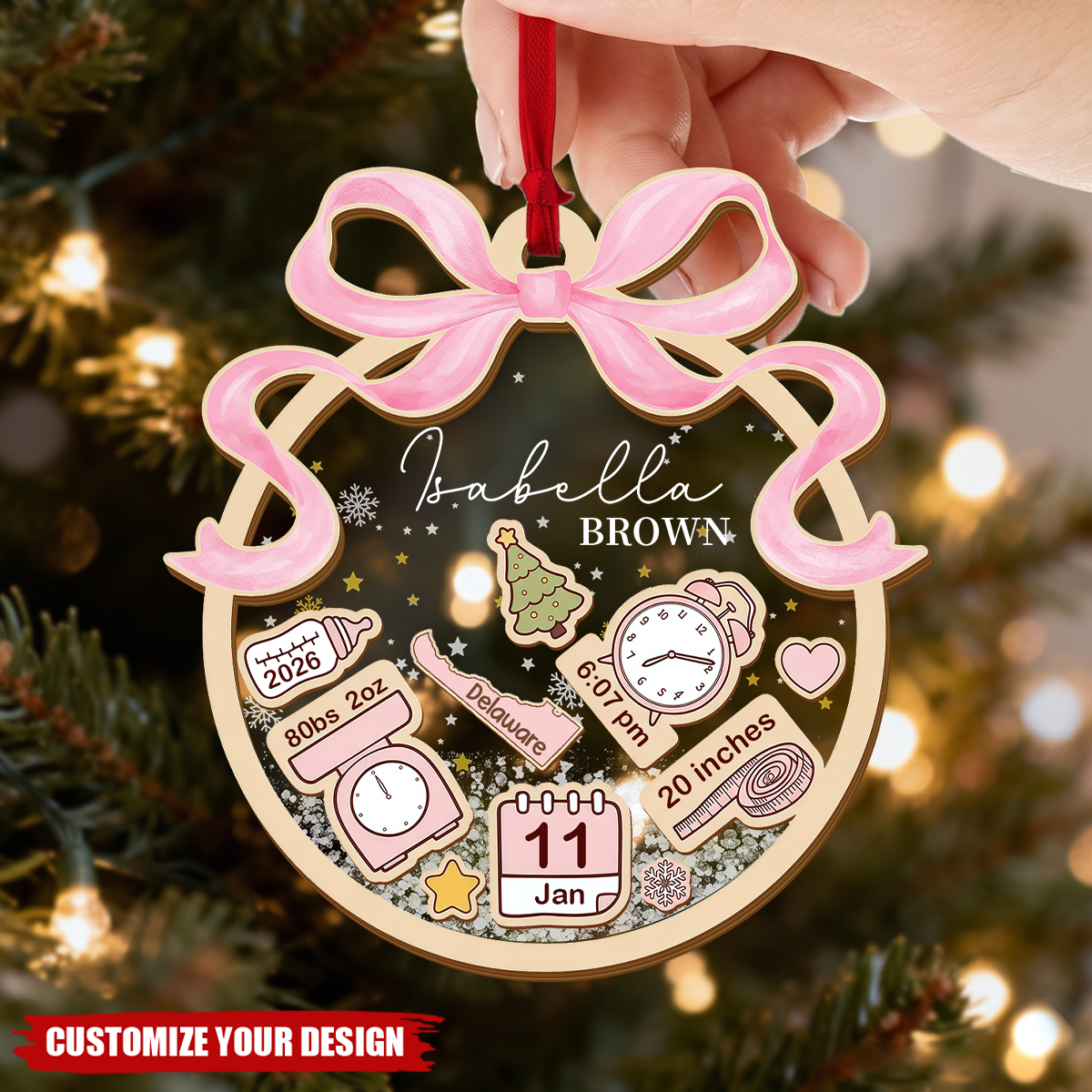 Personalized Baby's First Christmas Coquette Bow Ornament
