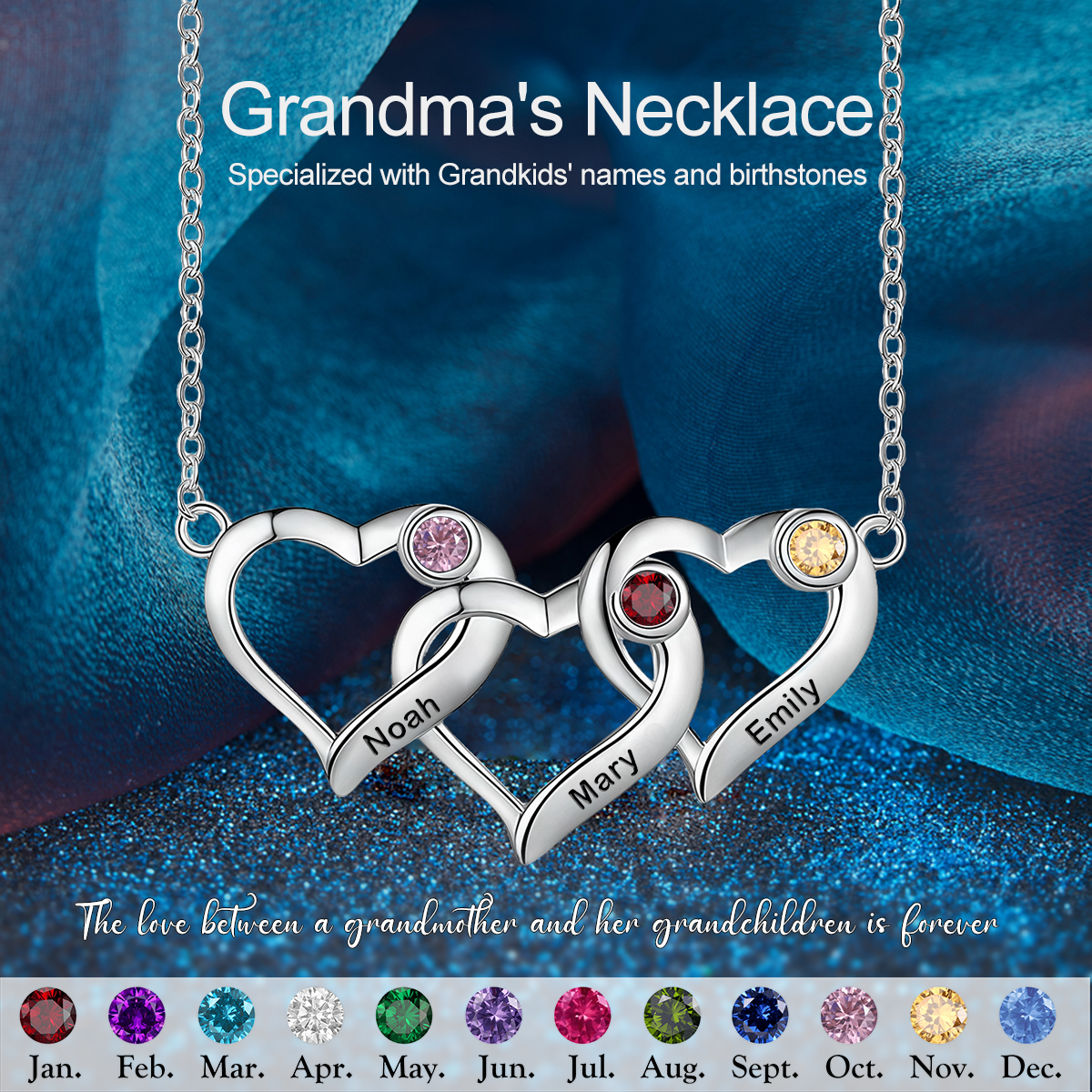 Personalized Birthstone Name Heart Necklace, Gift For Mom Grandma