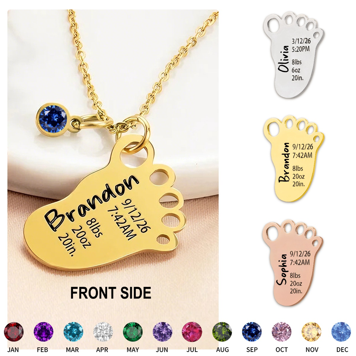 Personalized Baby Foot Pendant Necklace With Birthstone, Birth Announcement Gift