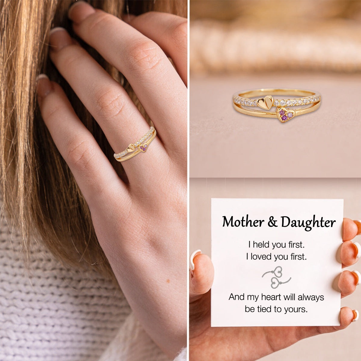 Mother & Daughter I Held You Double Heart Ring - Ring For Women