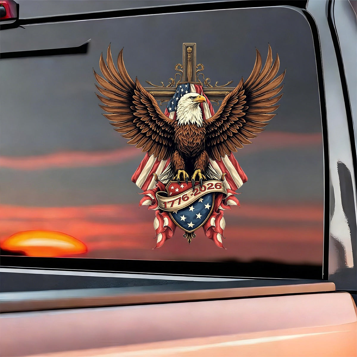 Majestic Bald Eagle With US Flag And Cross Decal Sticker, 250th Anniversary Gift