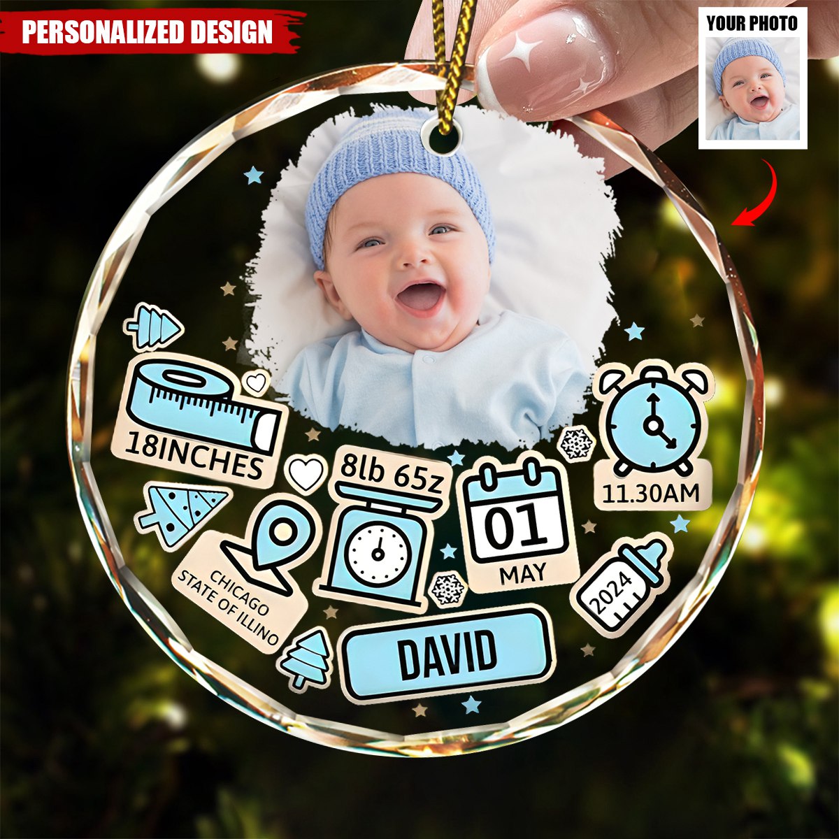 Baby's First Christmas - Personalized Custom Upload Photo Glass Ornament