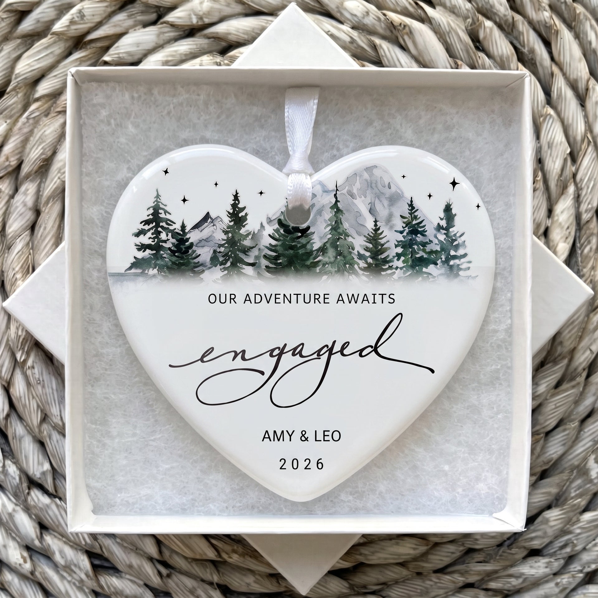 Personalized Our Adventure Awaits Mountain Engaged Ceramic Ornament