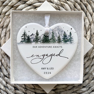 Personalized Our Adventure Awaits Mountain Engaged Ceramic Ornament