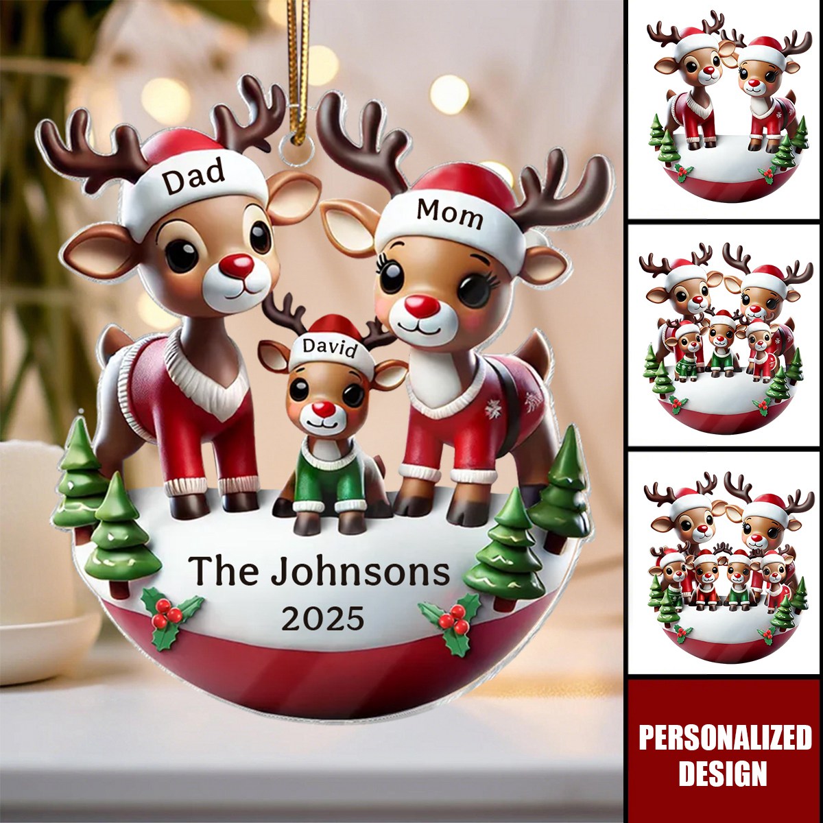 Reindeer Family 3D Effect Cute Christmas Decor Personalized Acrylic Ornament