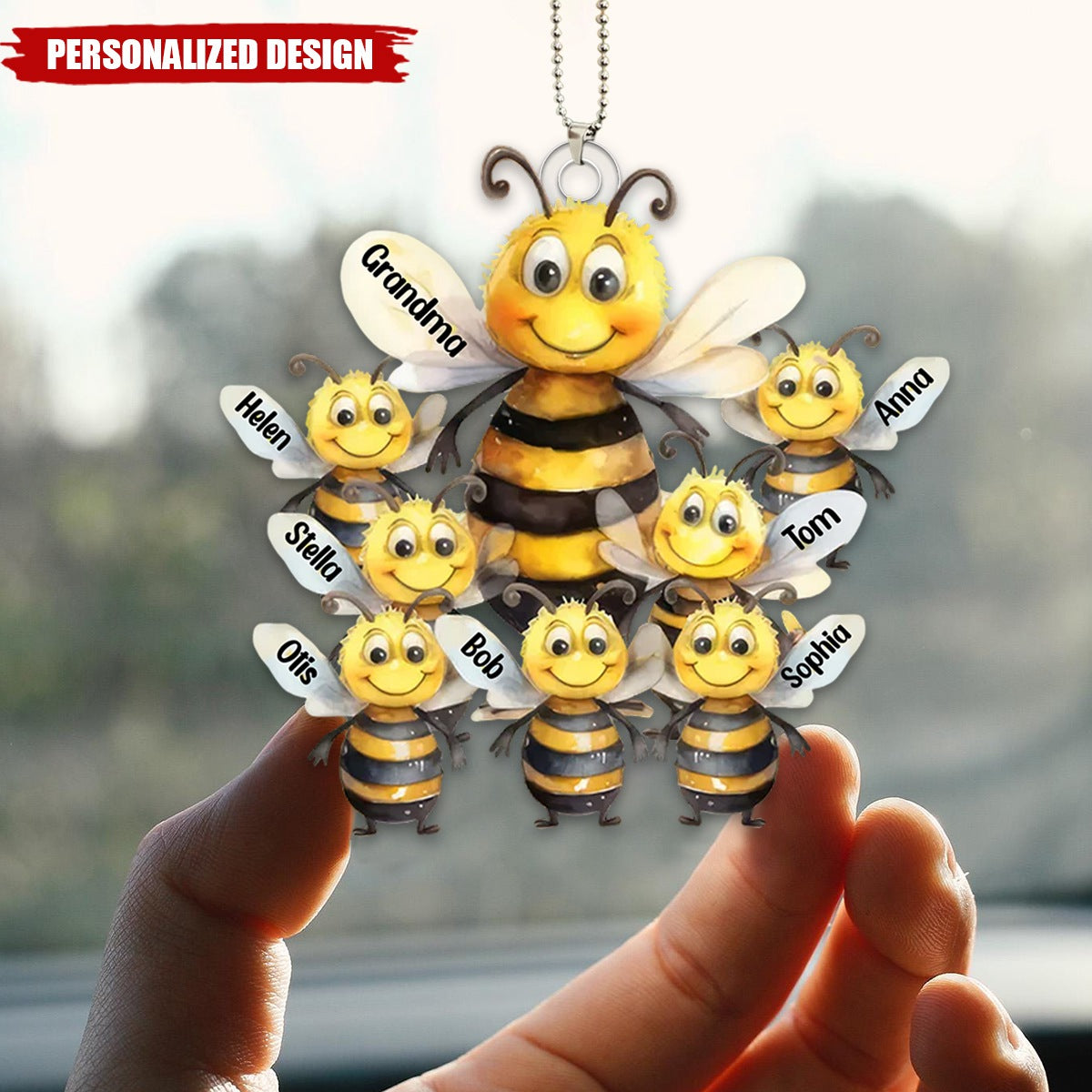 Mama Bee With Kids - Personalized Acrylic Car Ornament, Gift For Mom, Grandma