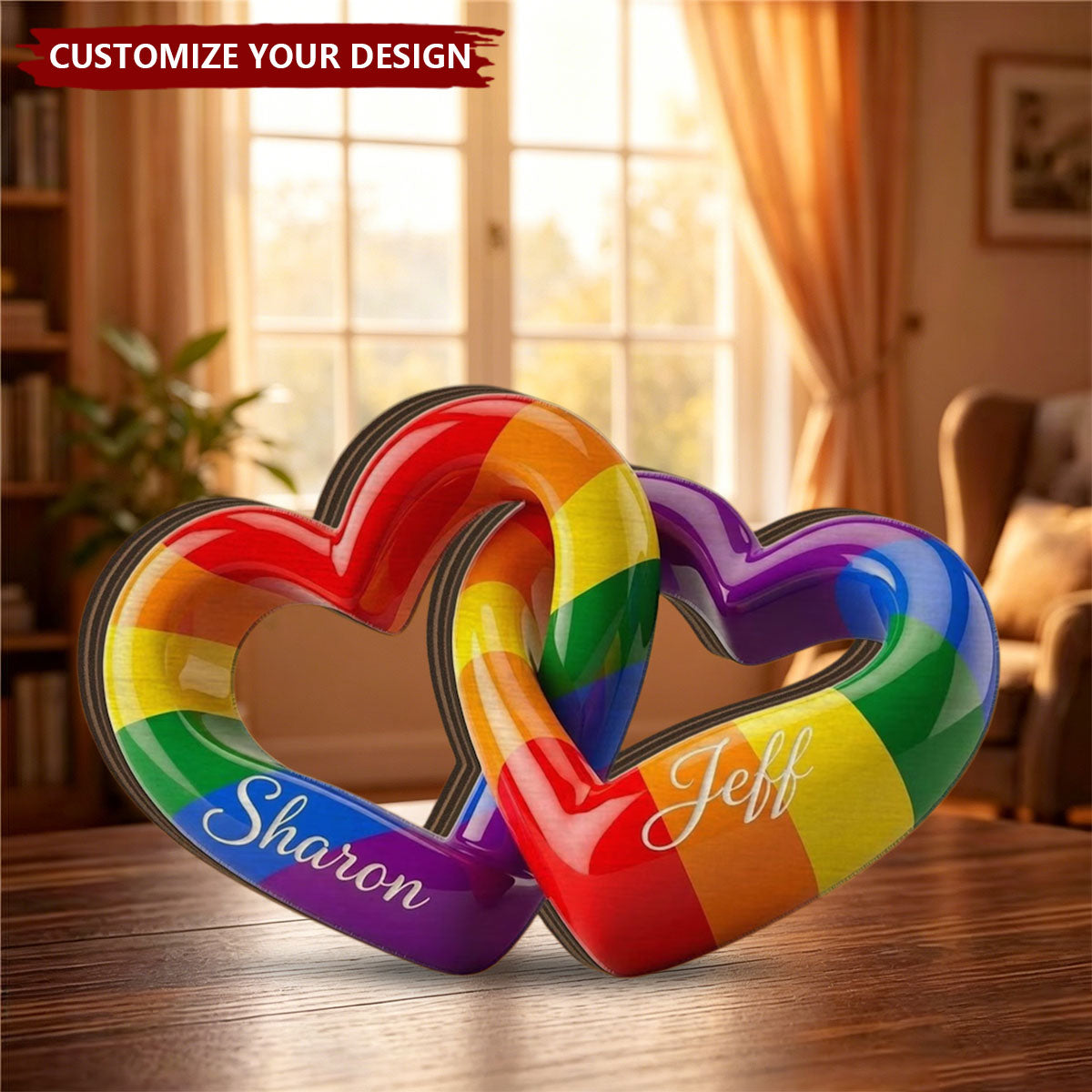 LGBT Interlocking Sign, Personalized Hearts Rainbow Wood Decor