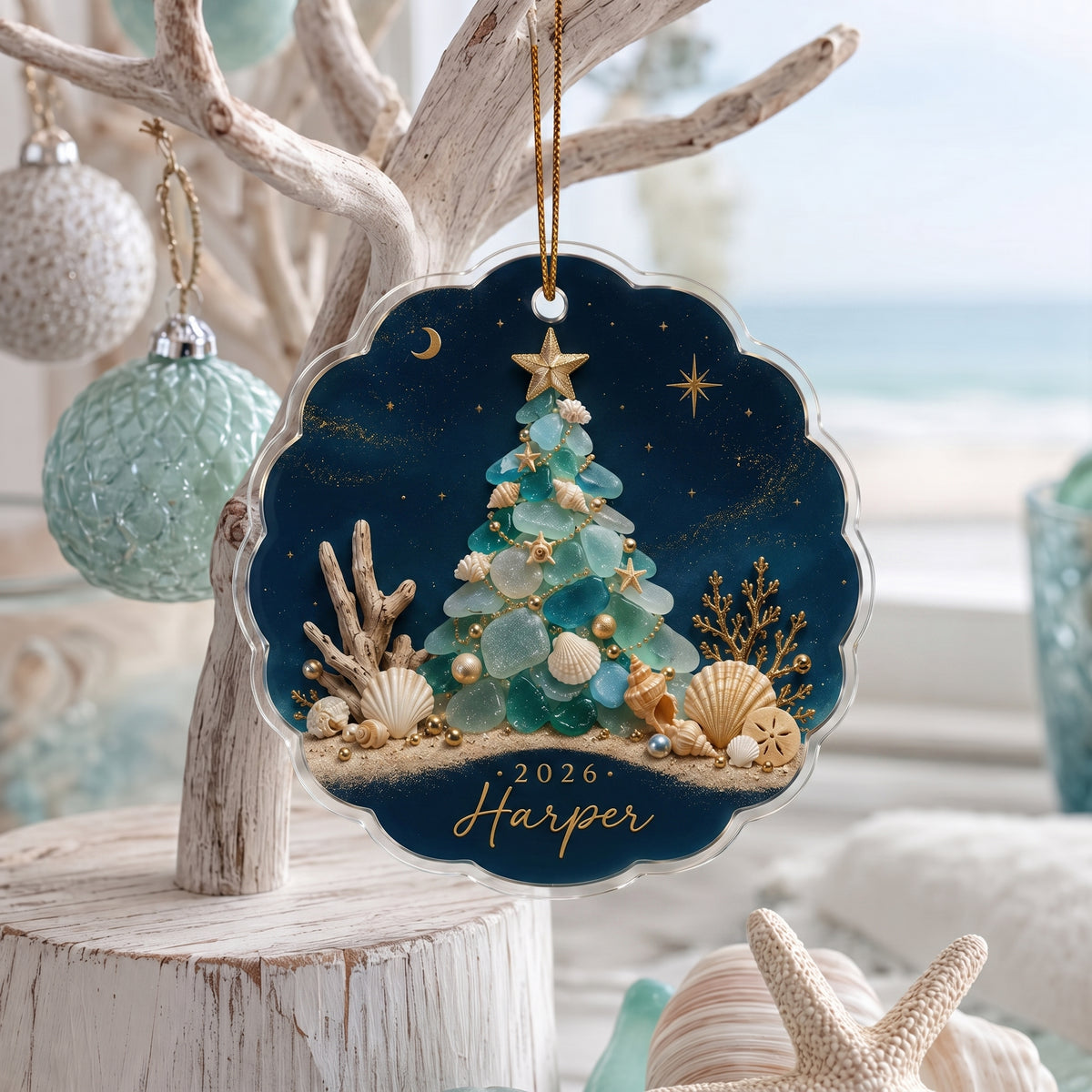 Personalized Sea Glass Christmas Tree Acrylic Ornament
