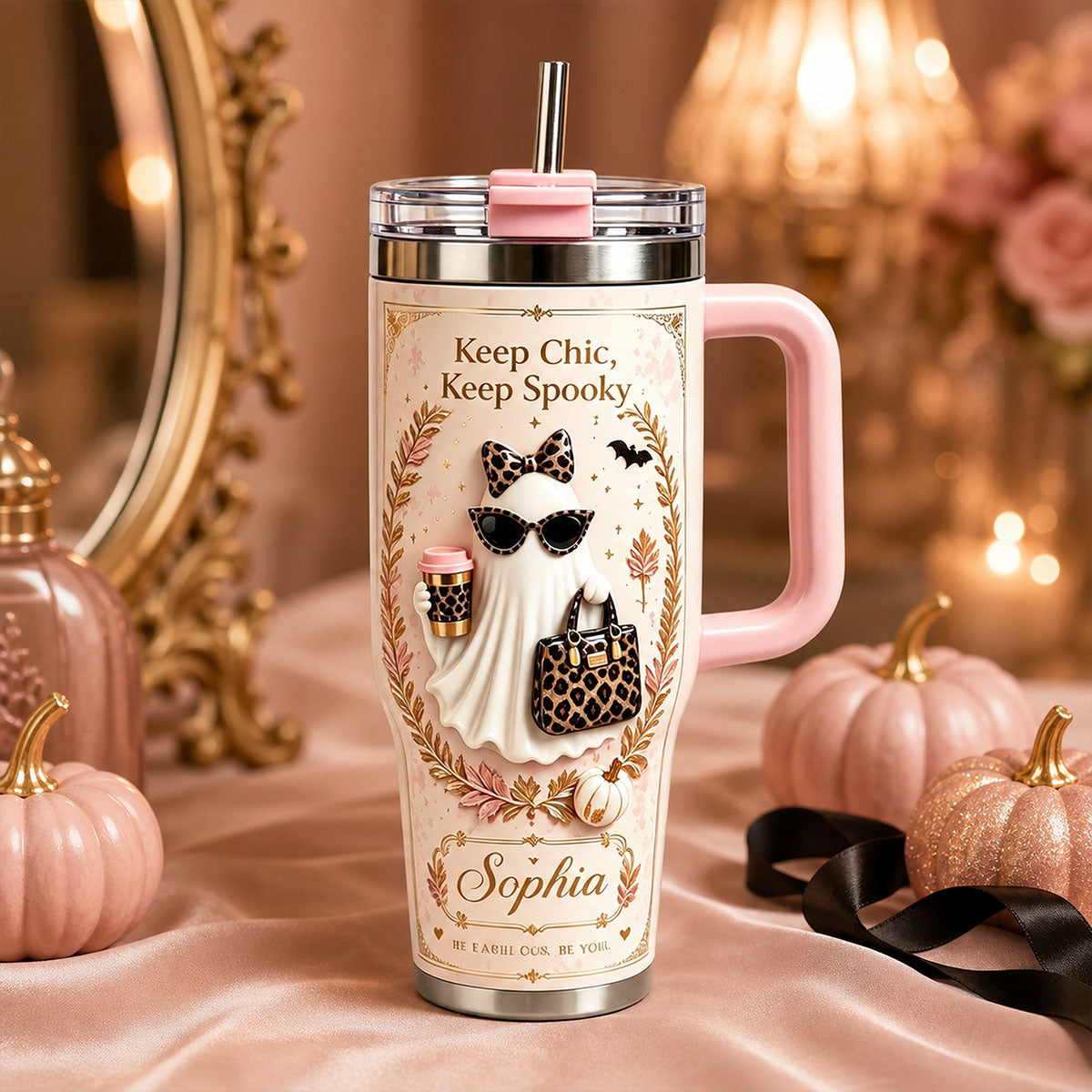 Personalized Vintage Halloween Ghost Insulated Tumbler With Handle, Custom Name Spooky Gift