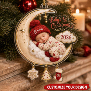 Personalized Baby’s First Christmas Moon Acrylic Ornament, Newborn Keepsake Gift