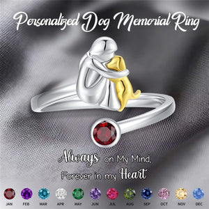 Personalized Hugging Dog Memorial Birthstone Ring