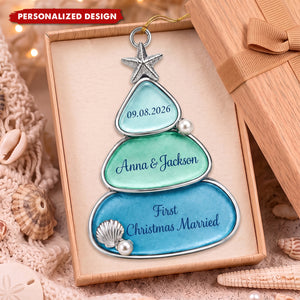 Personalized First Christmas Married Sea Glass Tree Ornament