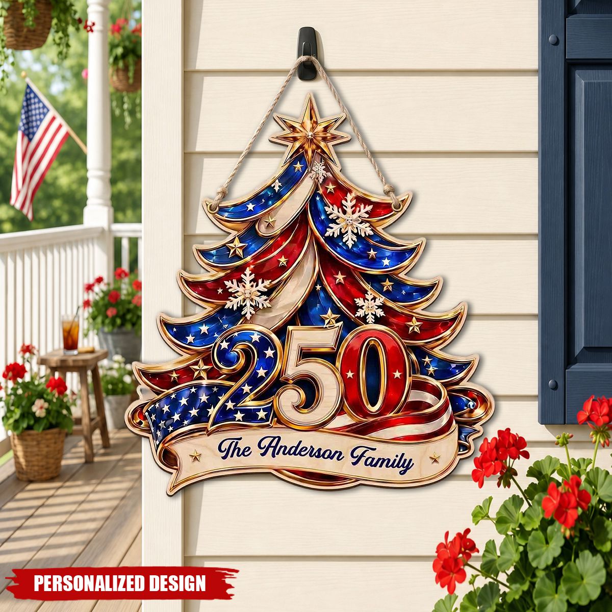 Personalized 250th America Christmas Wooden Sign | Patriotic Family Decor