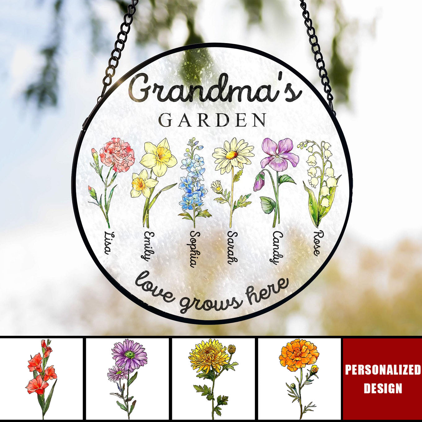 Custom Birth Flower Grandma's Garden - Personalized Window Hanging Suncatcher