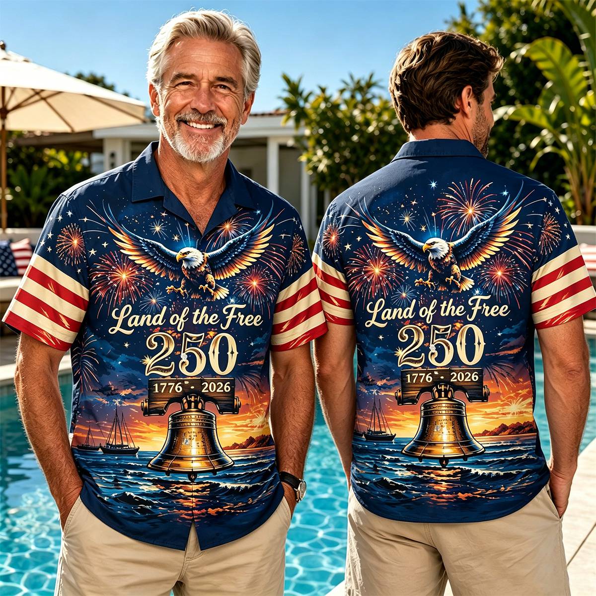 Personalized America 250 Hawaiian Shirt, Patriotic Liberty Bell Eagle Button Up Shirt