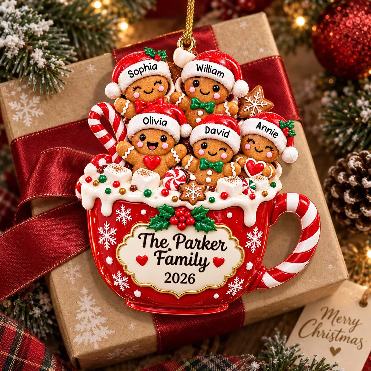 Personalized Gingerbread Family Hot Cocoa Christmas Ornament