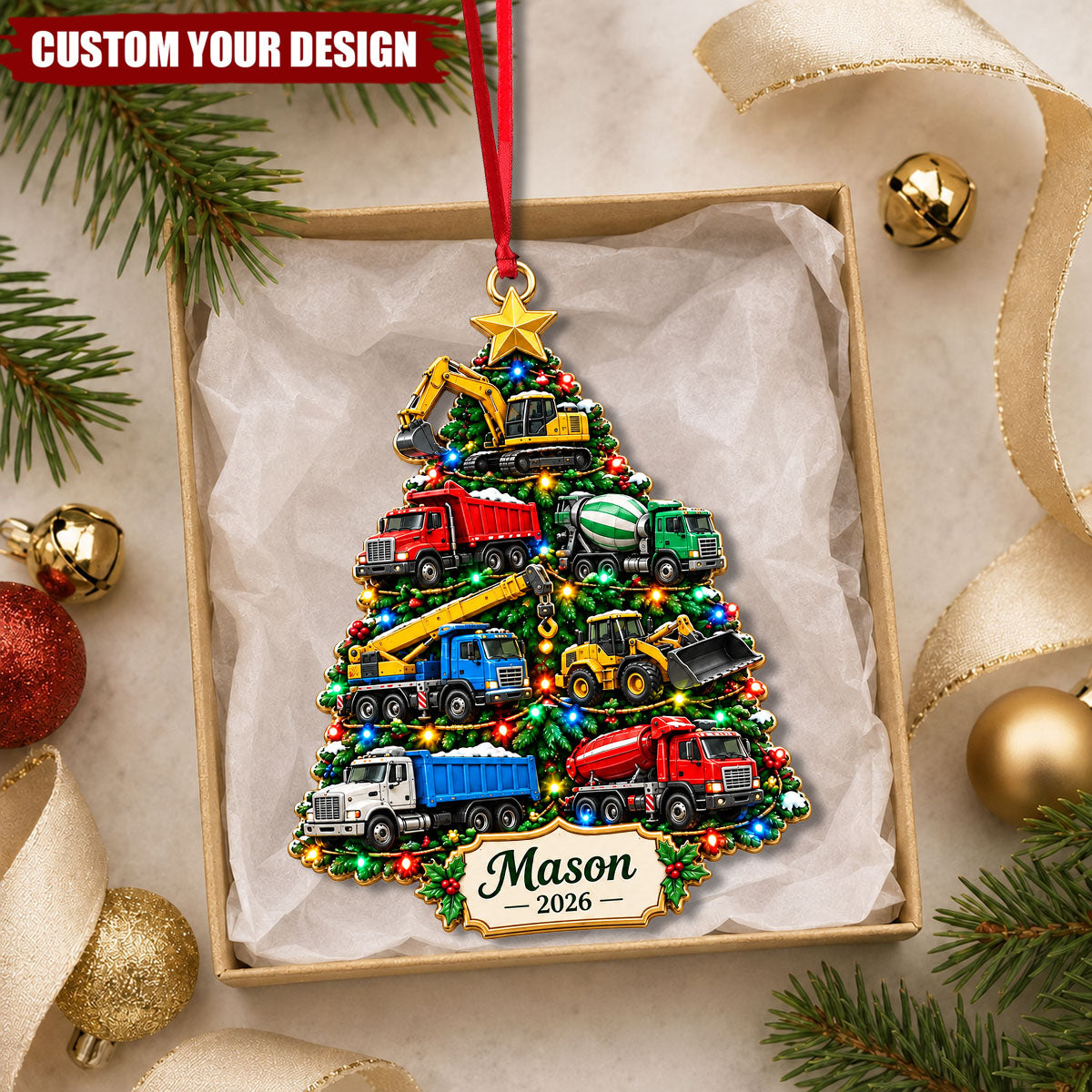Personalized Truck Christmas Ornament, Custom Name Construction Vehicle Kids Gift