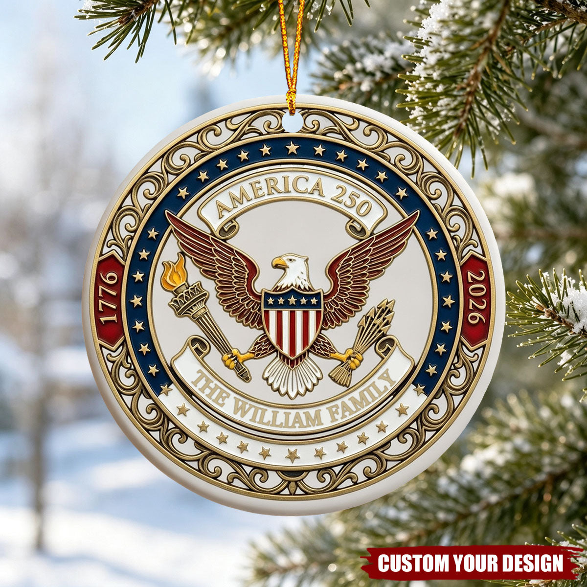 Personalized America 250 Ornament, Patriotic Eagle Gold Decor