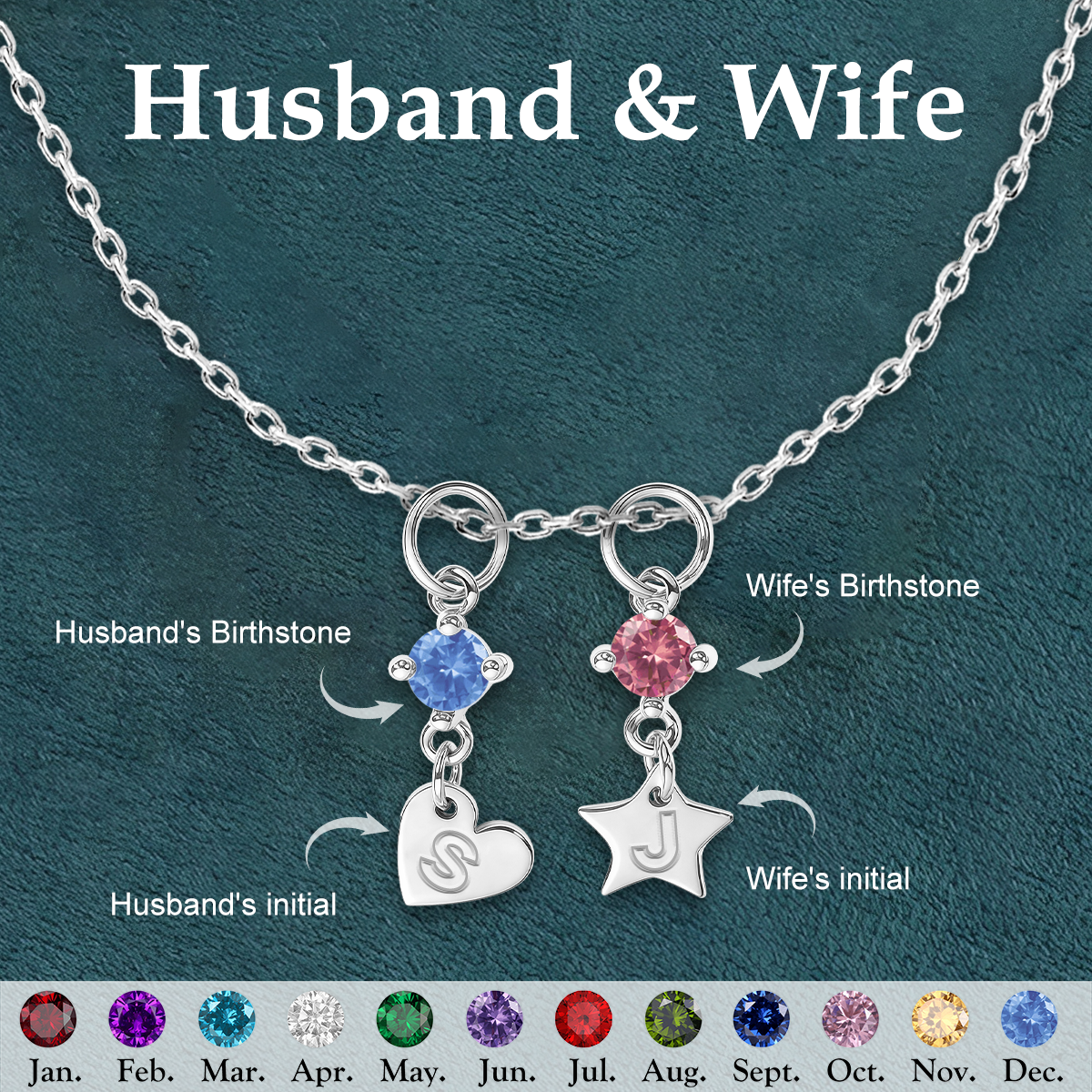 Personalized Custom Initial Heart Star Birthstone Necklace