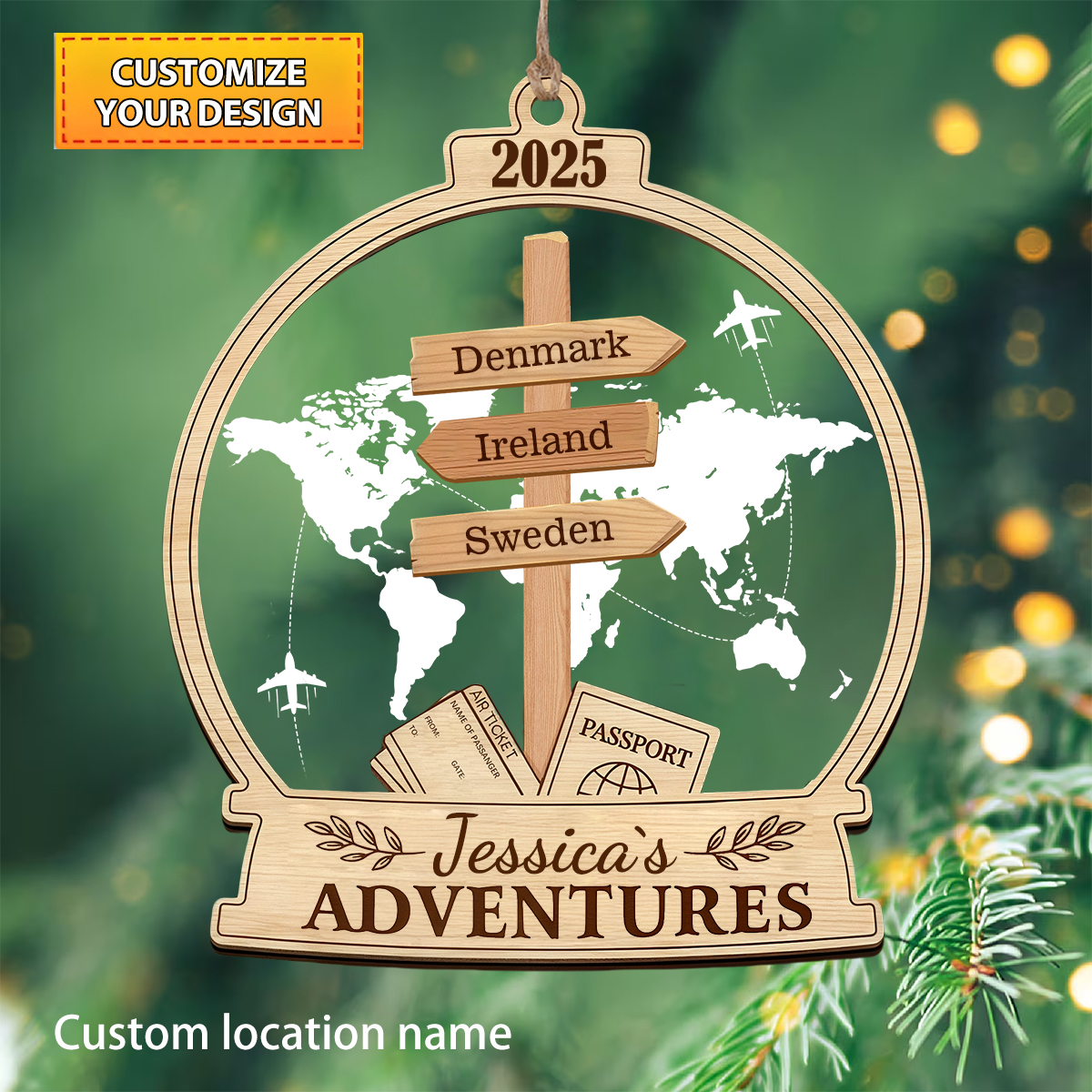 Personalized Travel Adventure Ornament, Custom Traveling Destination, Gift for Travelers