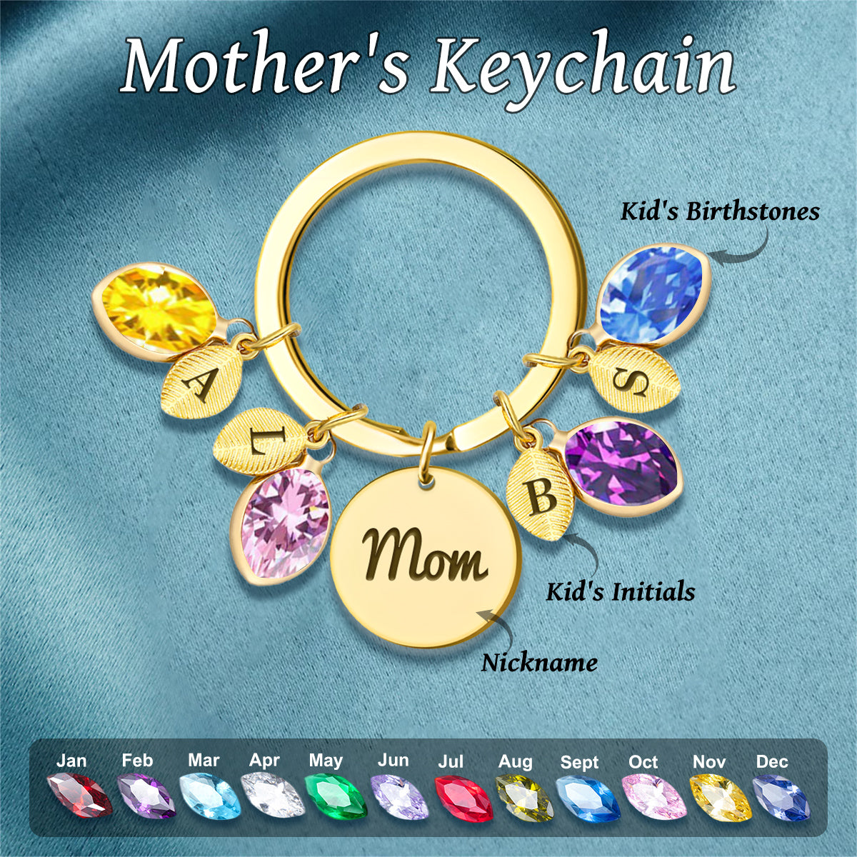 Personalized Birthstone Keychain With Initial, Mother's Day Gift