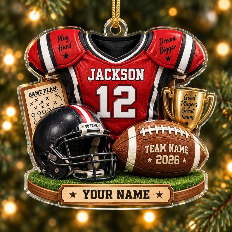 Personalized Football Christmas Ornament, Custom Jersey & Helmet Keepsake
