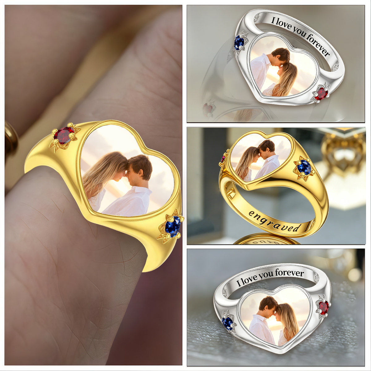 Custom Heart Photo Ring With Birthstone | Wedding Gift, Photo Jewelry Keepsake
