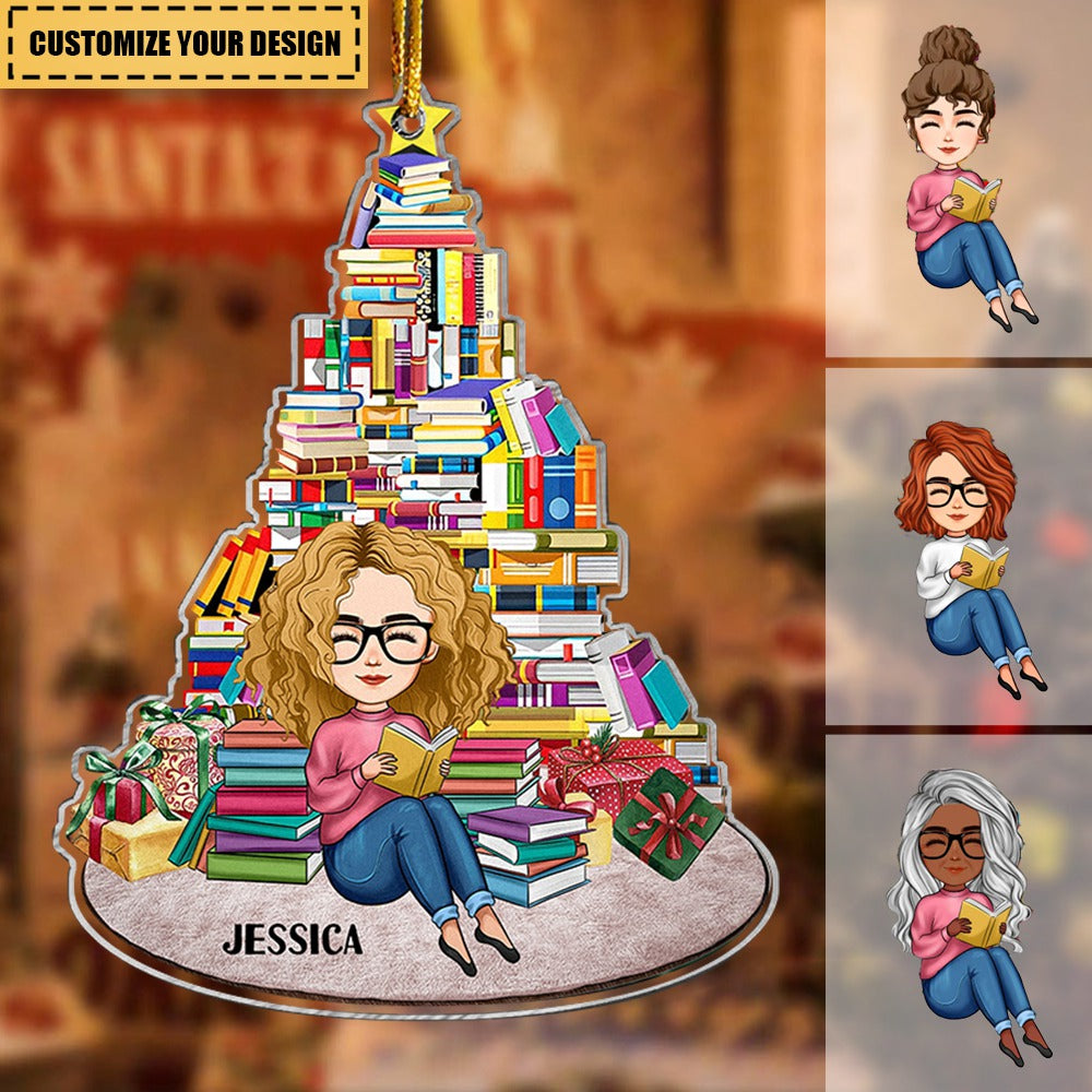 Girl Under Book Christmas Tree - Personalized Book Xmas Tree Shaped Acrylic Ornament