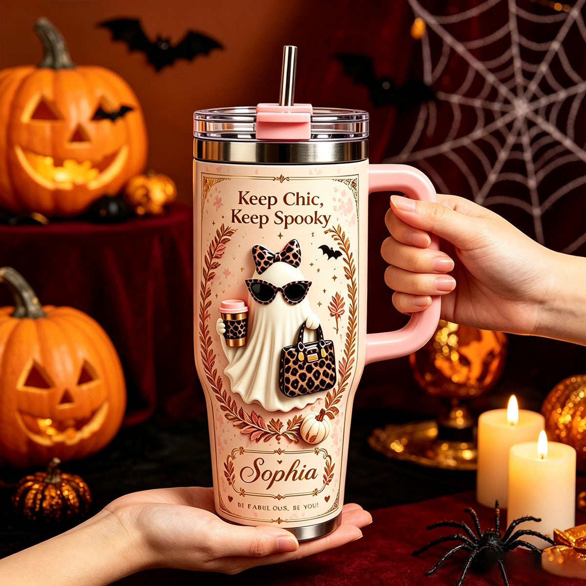 Personalized Vintage Halloween Ghost Insulated Tumbler With Handle, Custom Name Spooky Gift