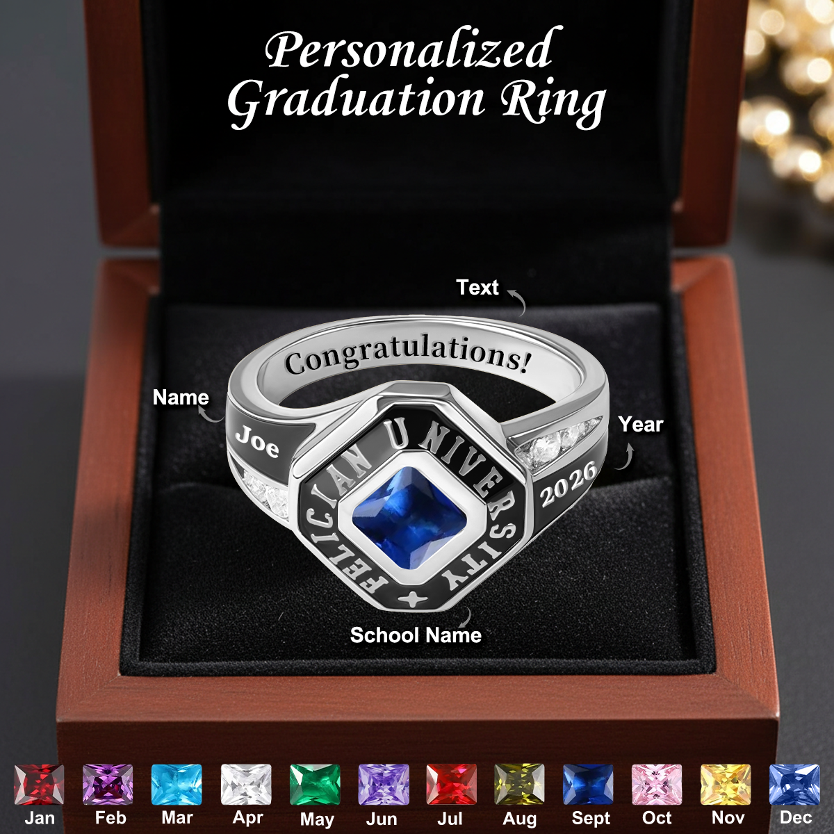 Class of 2026 Ring, Personalized Engraved Birthstone Senior Ring