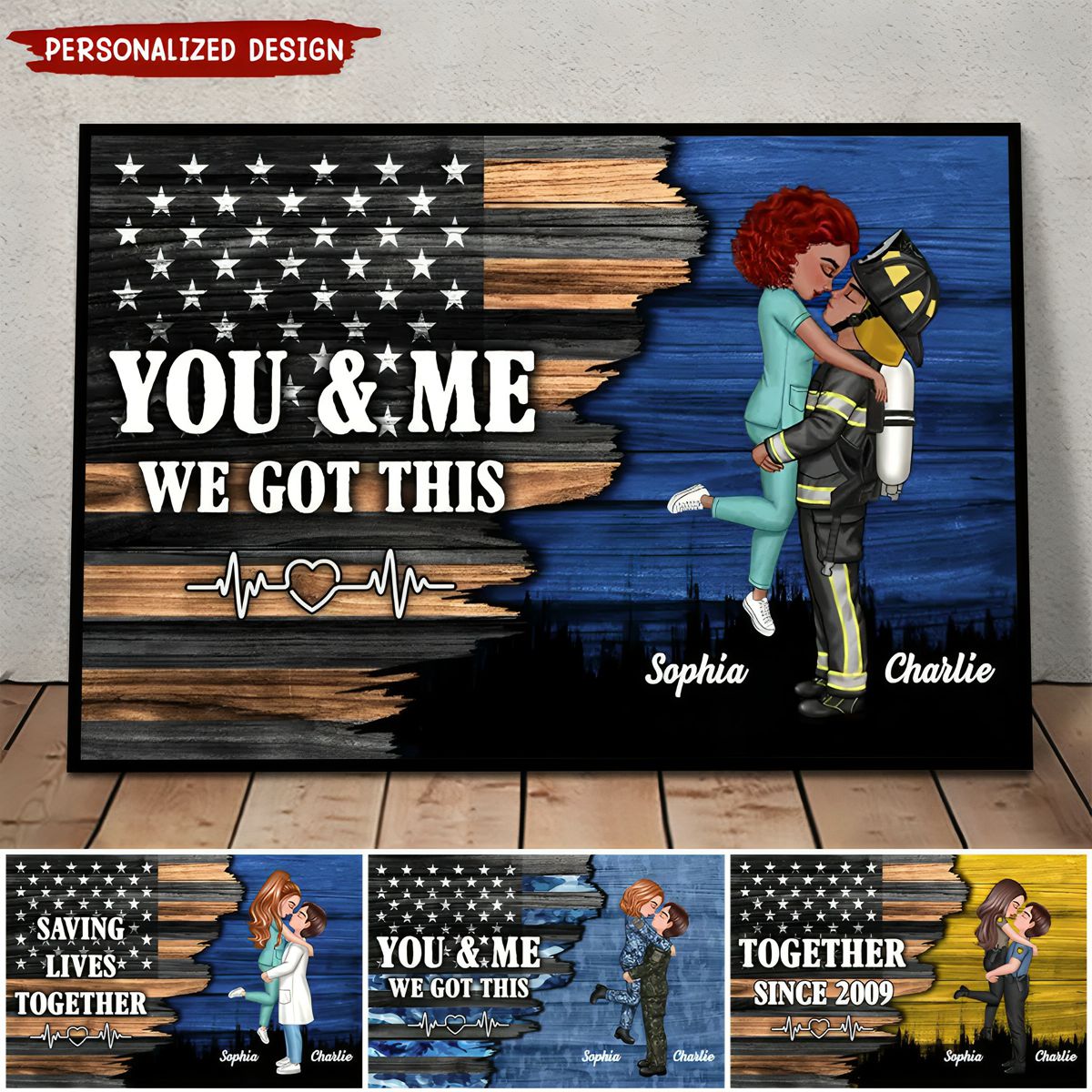 Hero Couple Nation Flag Gift by Occupation Personalized Couple Poster