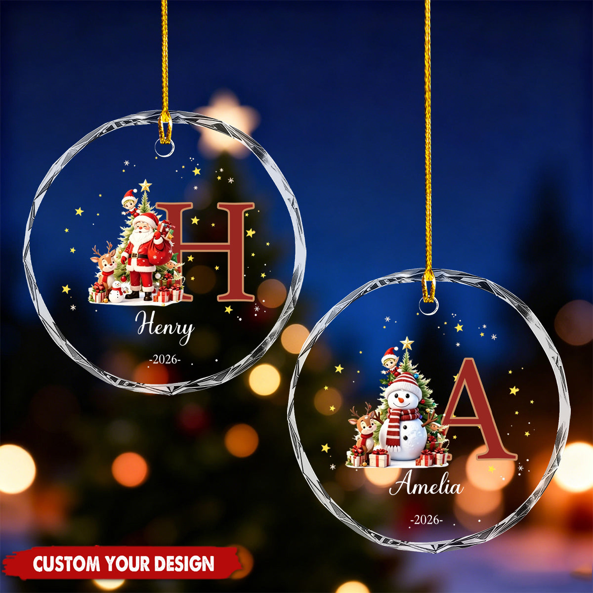 Custom Monogram Name Glass Ornament, Snowman Christmas Ornaments For Kids