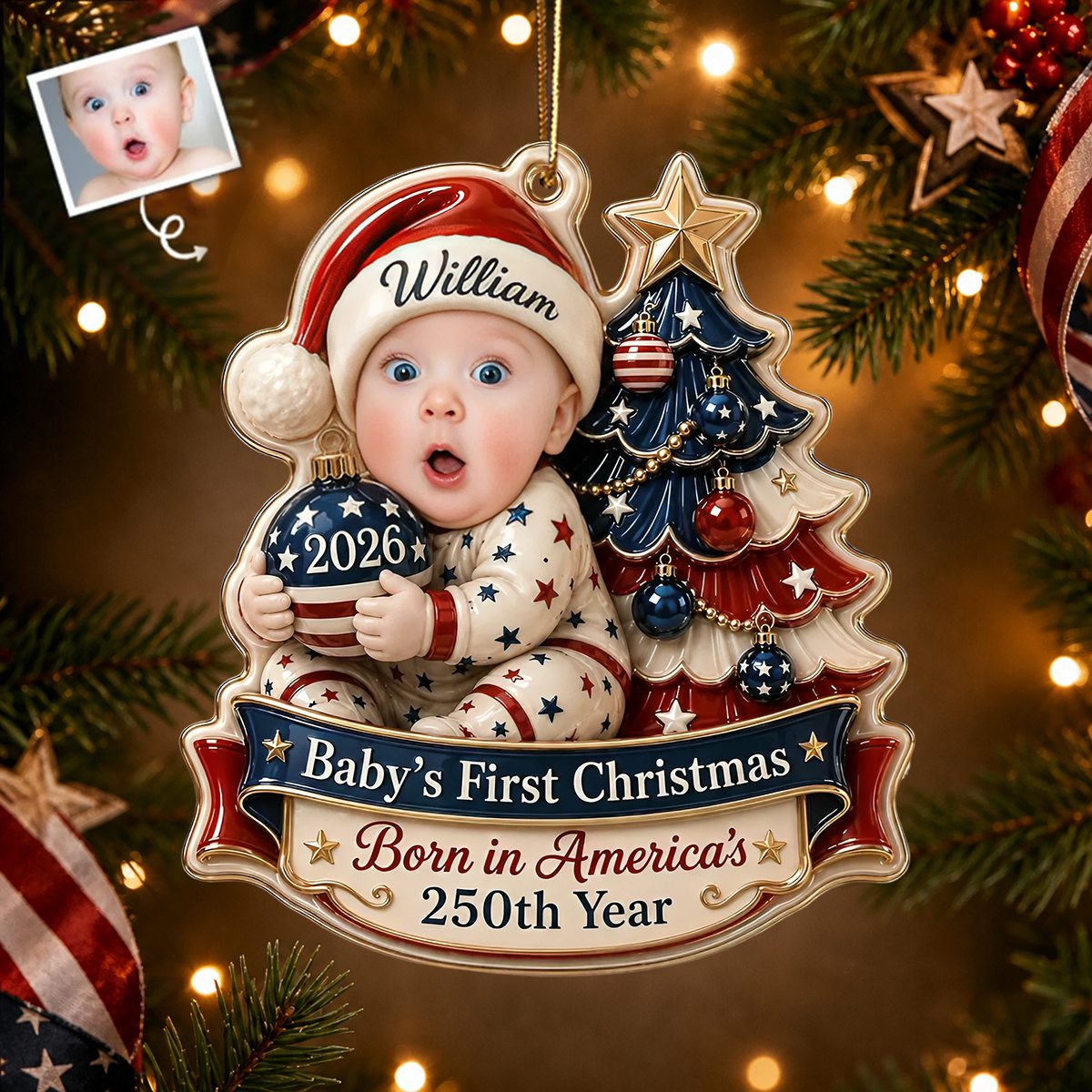 Personalized Baby's 1st Christmas Ornament, Patriotic Parent Gift, Newborn Photo Keepsake