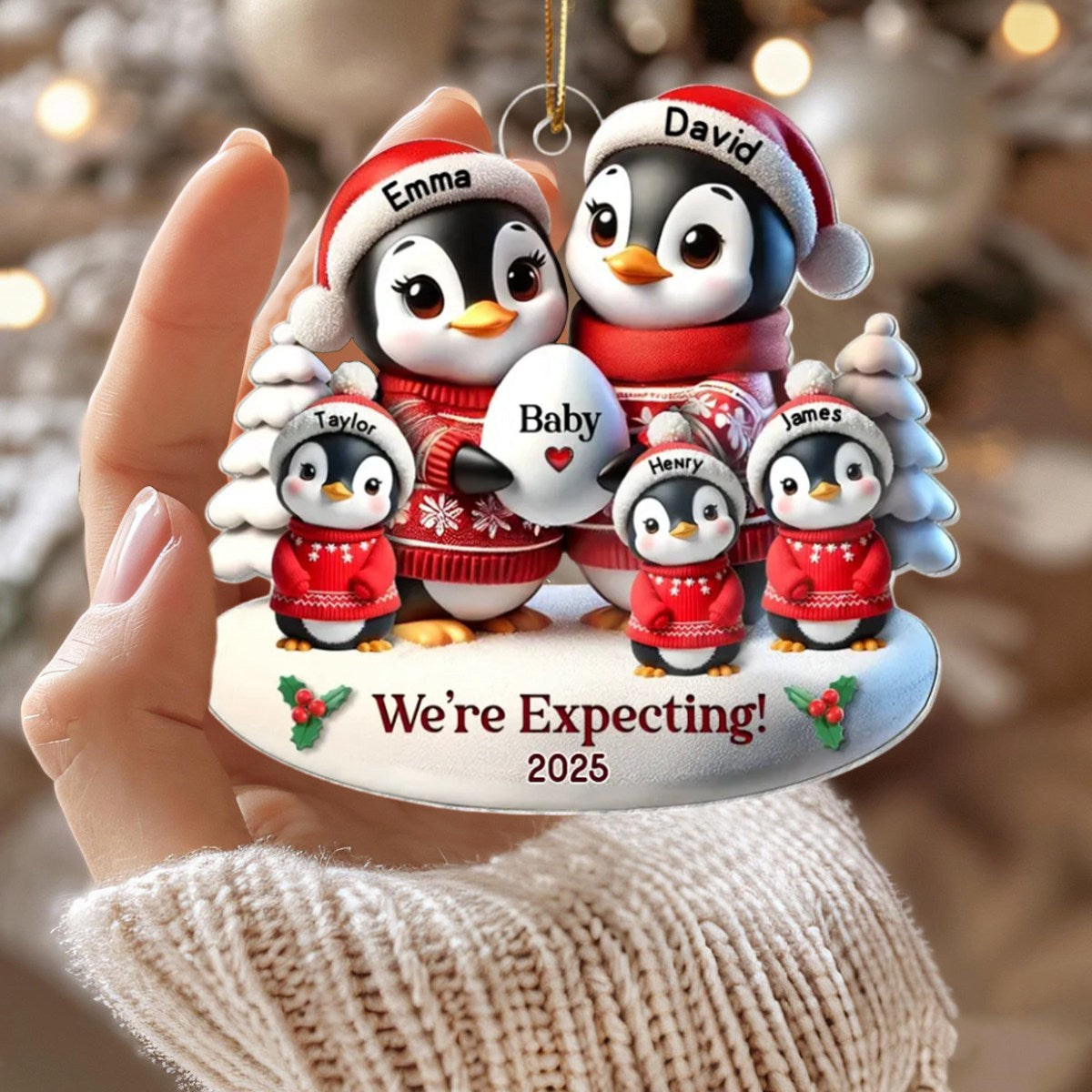Cute Penguin Parents Pregnancy Announcement Keepsake, Custom Acrylic Ornament