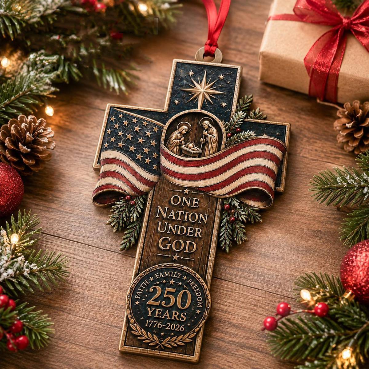 America Wood Ornament, Faith Family Freedom, Patriotic Cross Christmas Decor