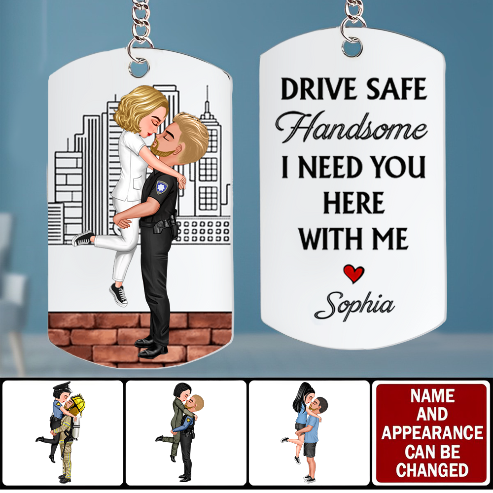 Personalized Couple Portrait, Firefighter, Nurse, Police Officer, Teacher, Gifts by Occupation Stainless Steel Keychain