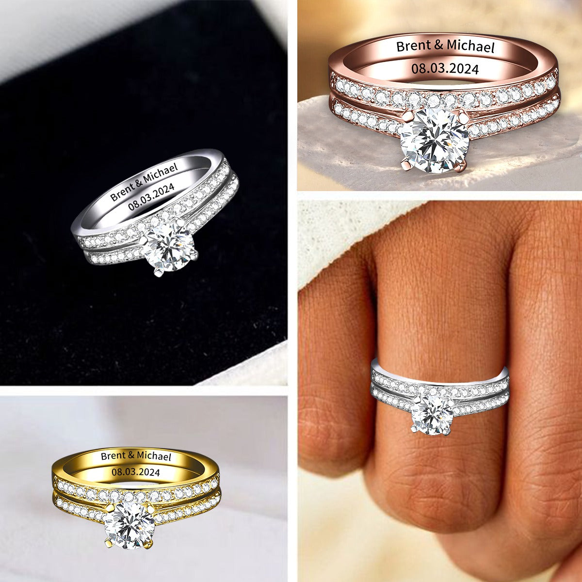Personalized Cubic Zirconia Engagement  Ring Set