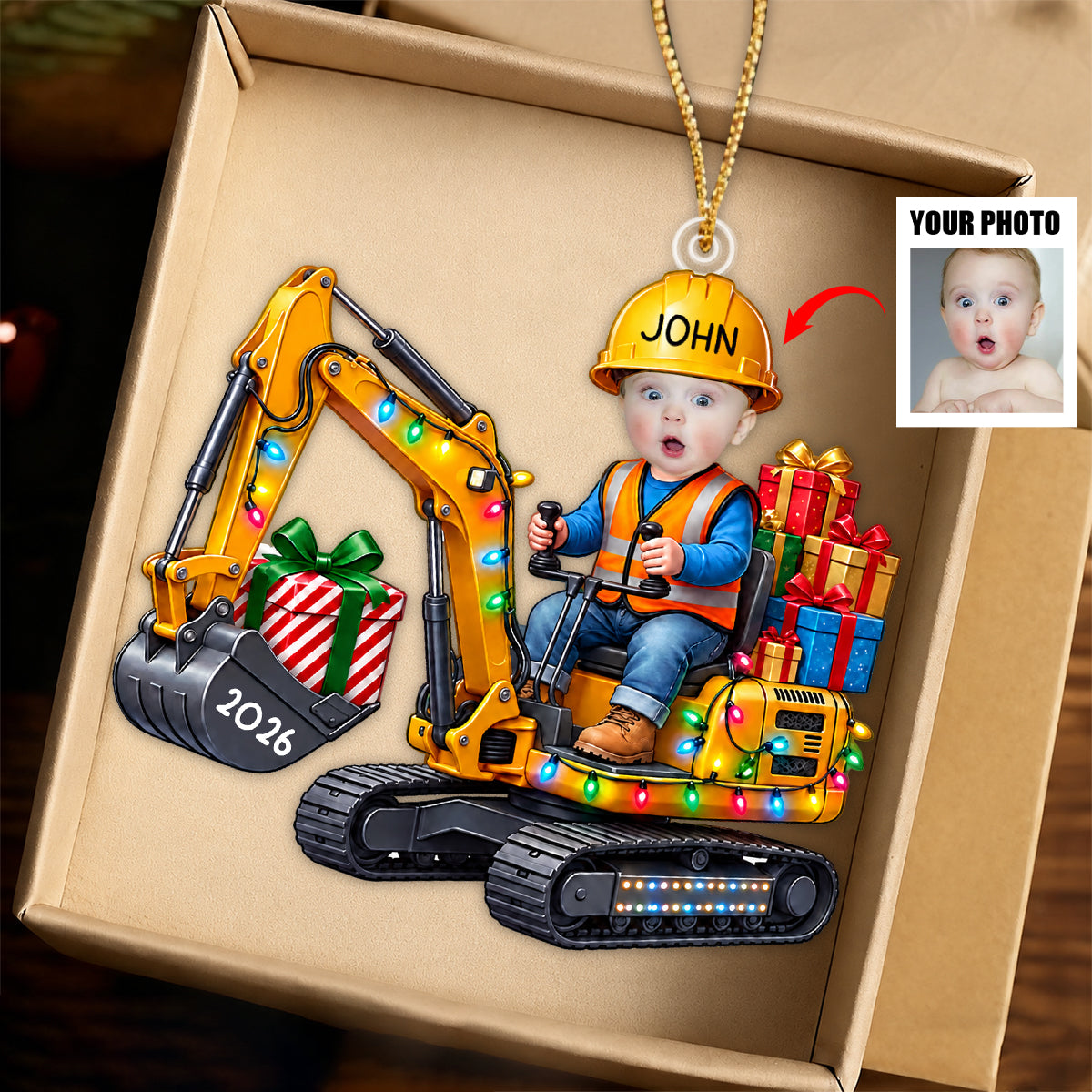 Personalized Excavator Photo Ornament 2026
