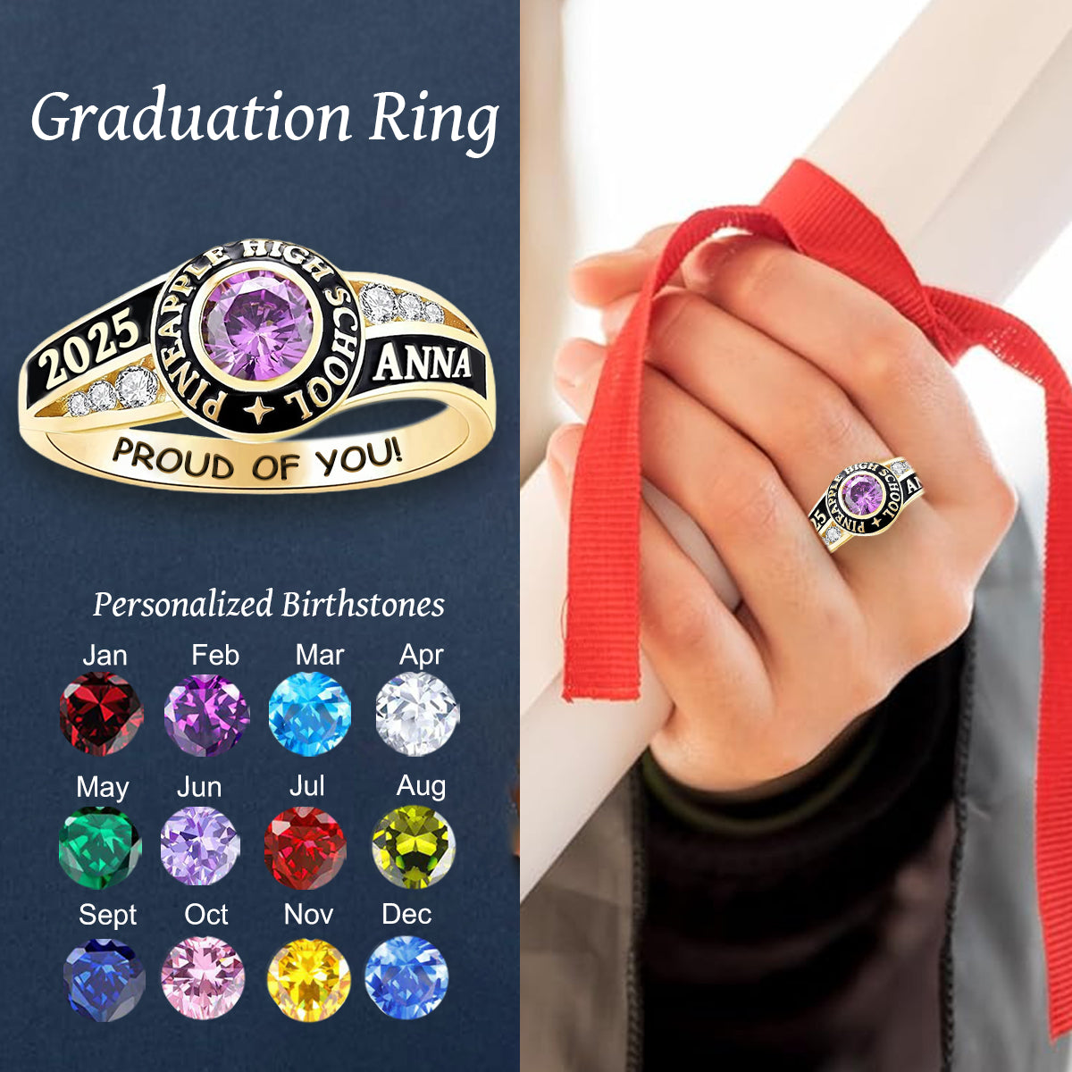 Personalized Birthstone Engraved Graduation Rings High School College University