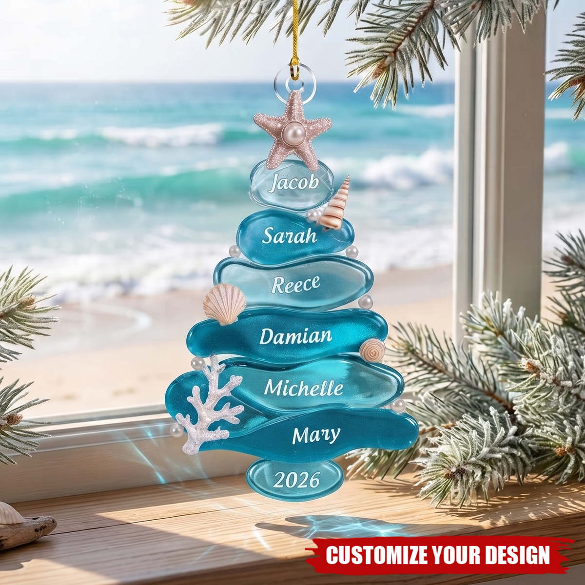 Custom Coastal Family Ornament 2026, Personalized Sea Glass Style Christmas Gift