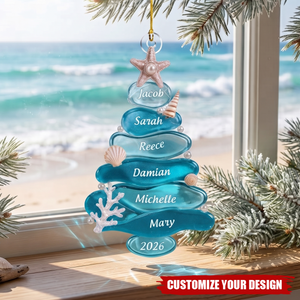 Custom Coastal Family Ornament 2026, Personalized Sea Glass Style Christmas Gift